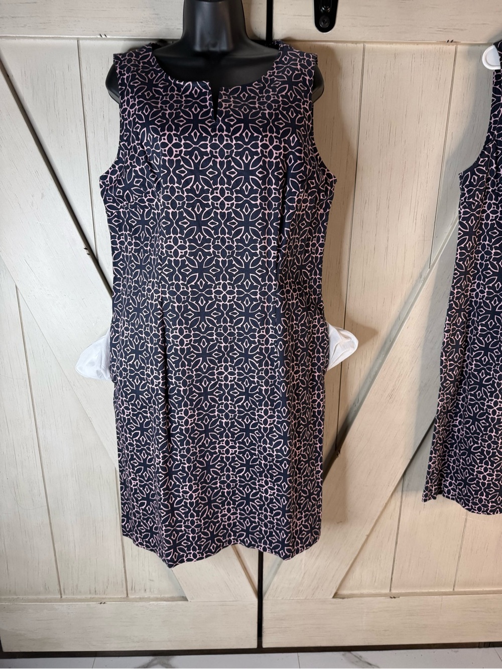 Talbots Navy Shift Dress with Light Pink Geometric Floral Print